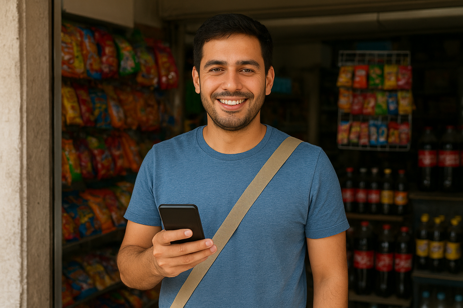 Andres Gutierrez, en su tienda de barrio usando el celular para vender recargas y atender clientes