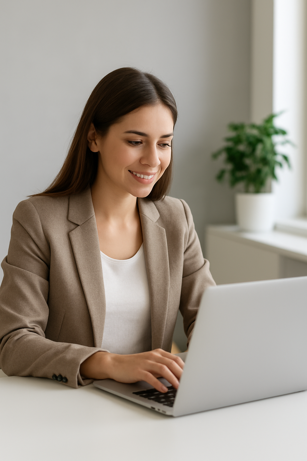 Laura Martínez, emprendedora digital, gestionando su negocio de recargas desde el computador portátil en un espacio moderno y bien iluminado.