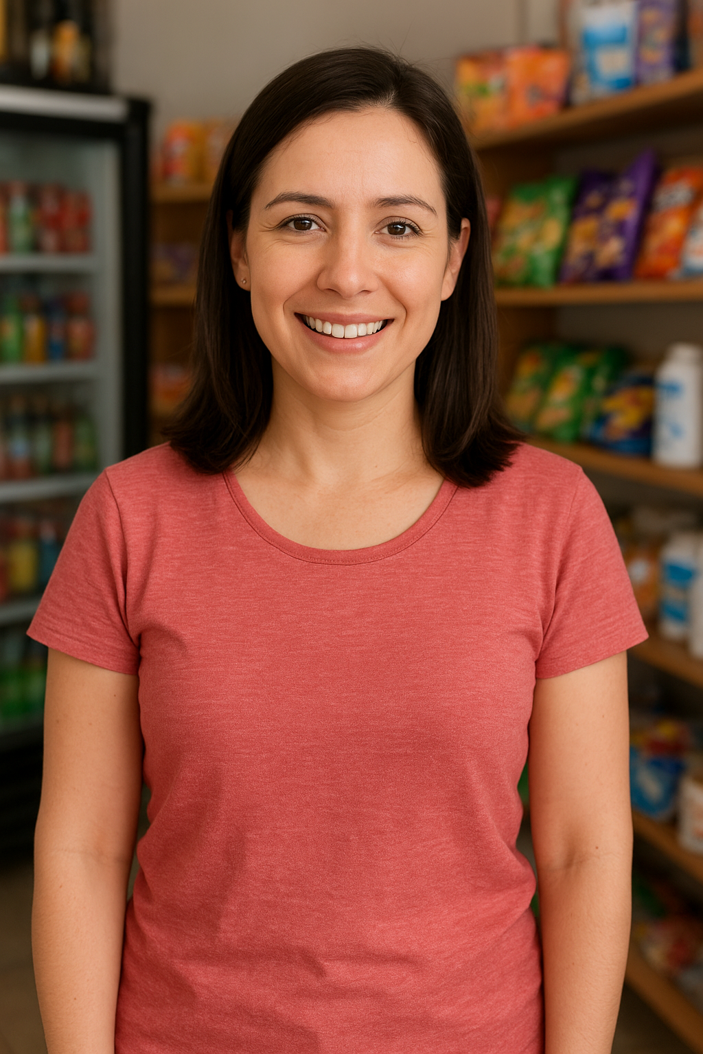 Carolina Pérez, dueña de tienda de barrio, en su negocio atendiendo clientes