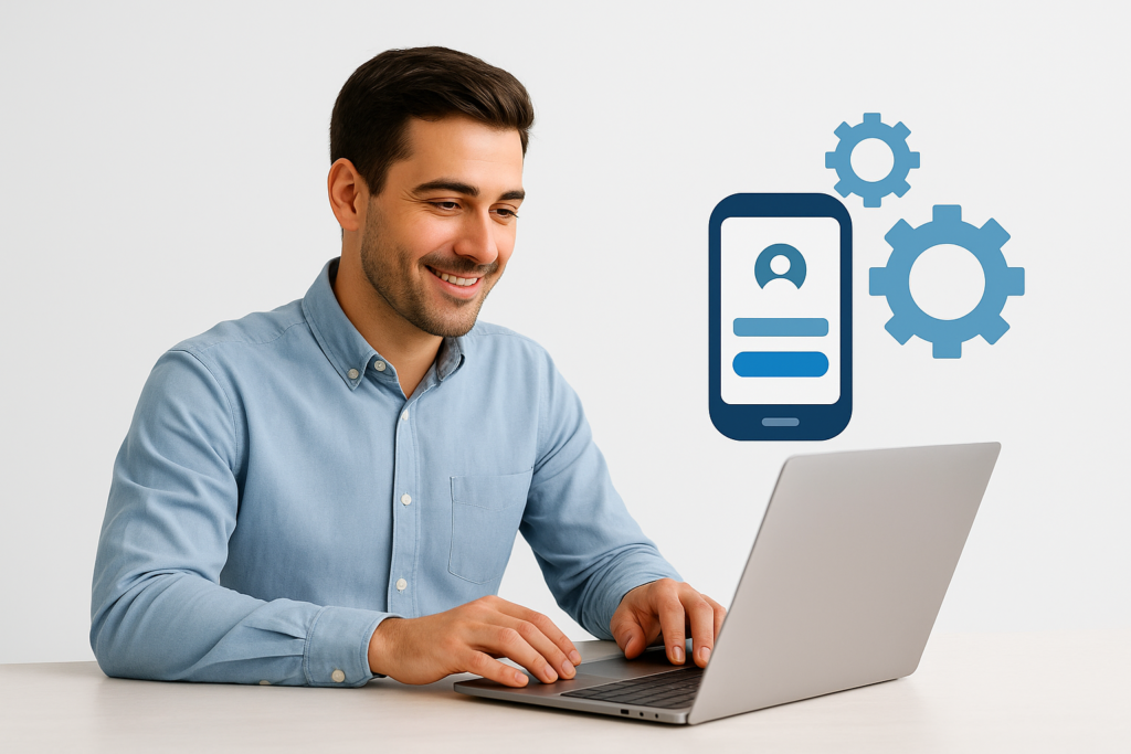 Persona configurando su cuenta en una plataforma de recargas para negocio