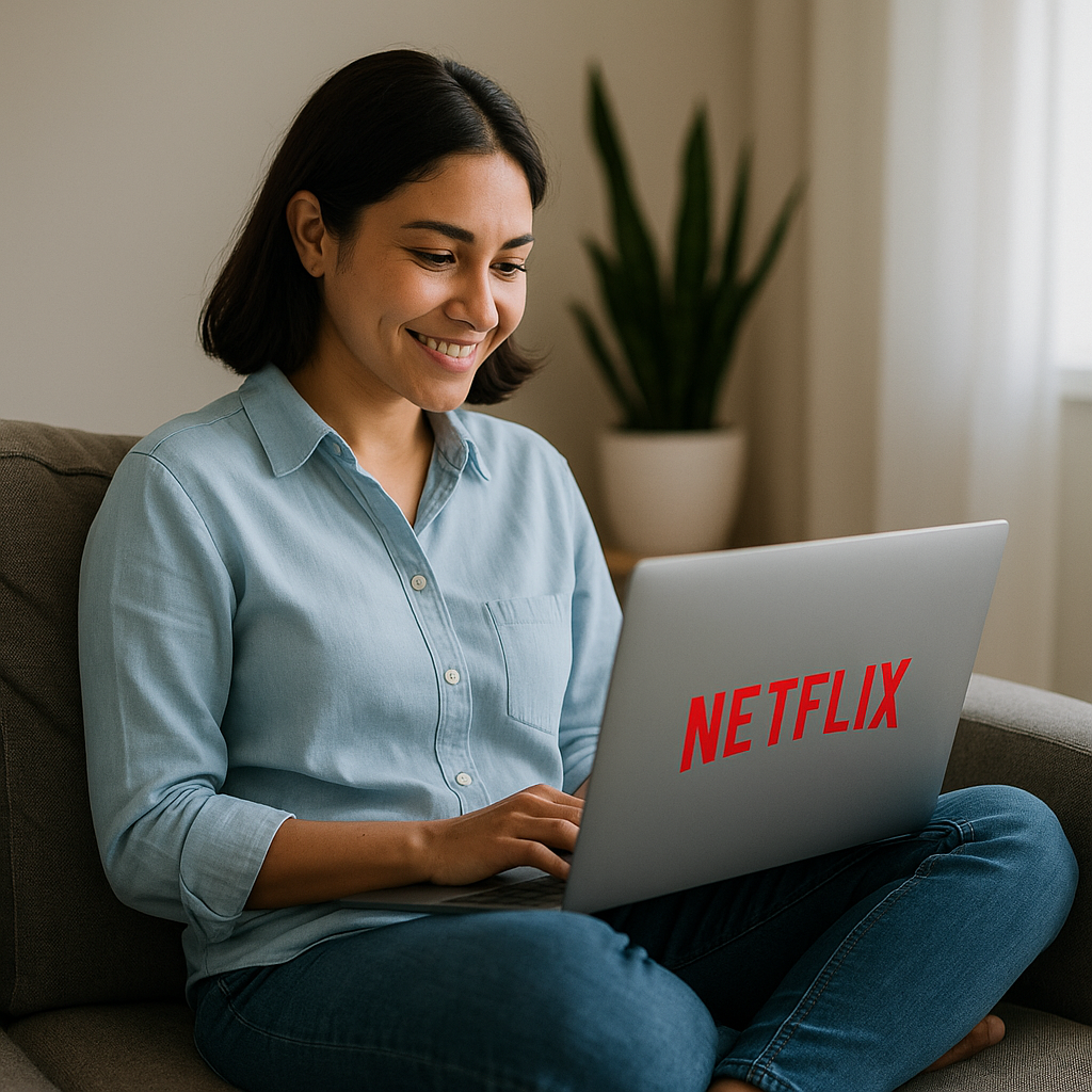 Mujer ecuatoriana usando una laptop con Netflix desde casa