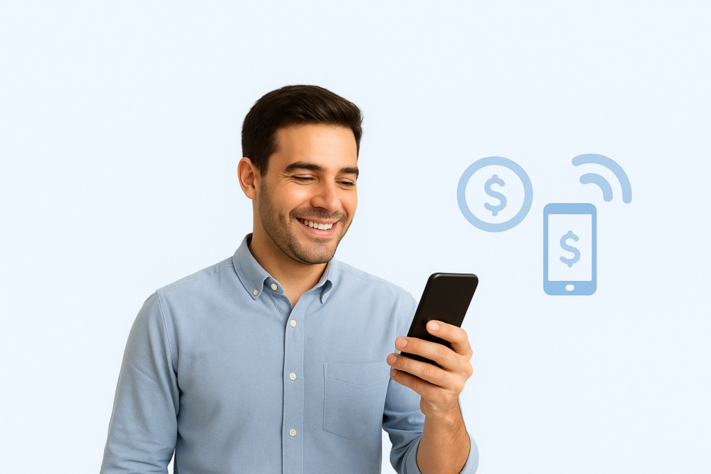 Hombre usando su celular para administrar recargas para negocio fácilmente