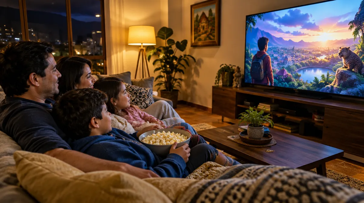 Familia en Colombia viendo películas de Disney Plus en el televisor de la sala