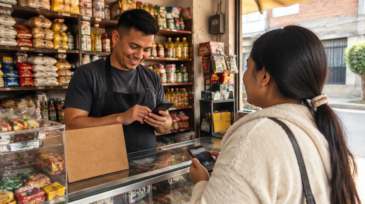 Tendero en Colombia ganando dinero vendiendo recargas de celular desde su teléfono