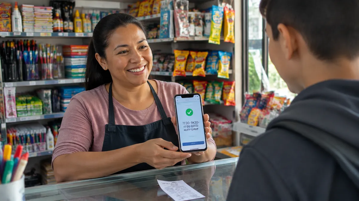 Dueña de una tienda en Colombia vendiendo un pin de Netflix a un cliente desde su celular