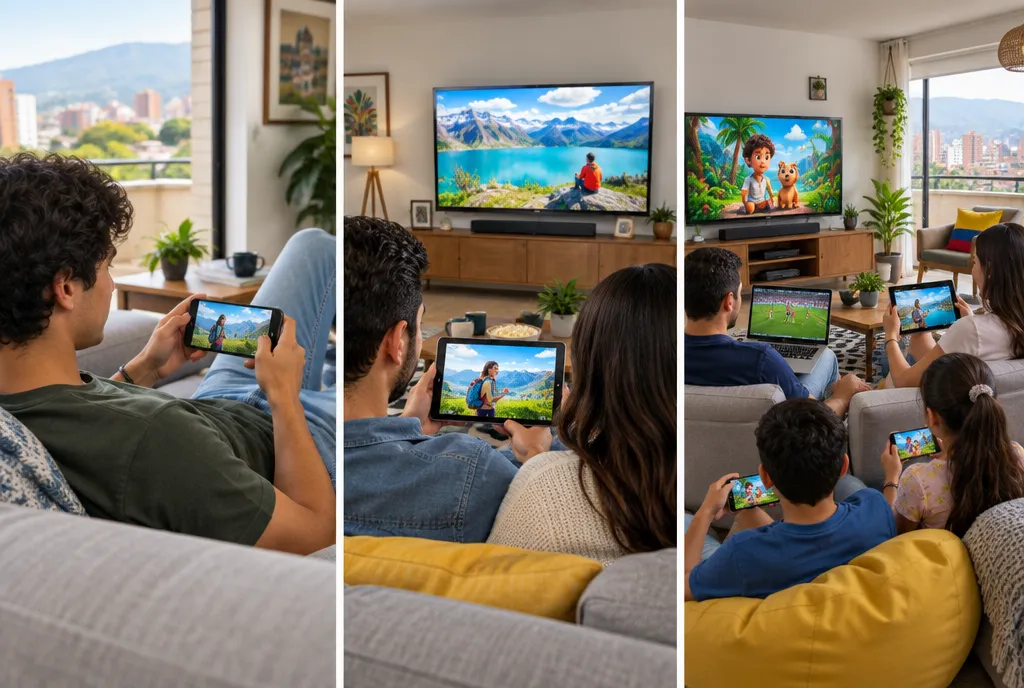 Clientes viendo Netflix en distintas pantallas: celular, computador y televisor