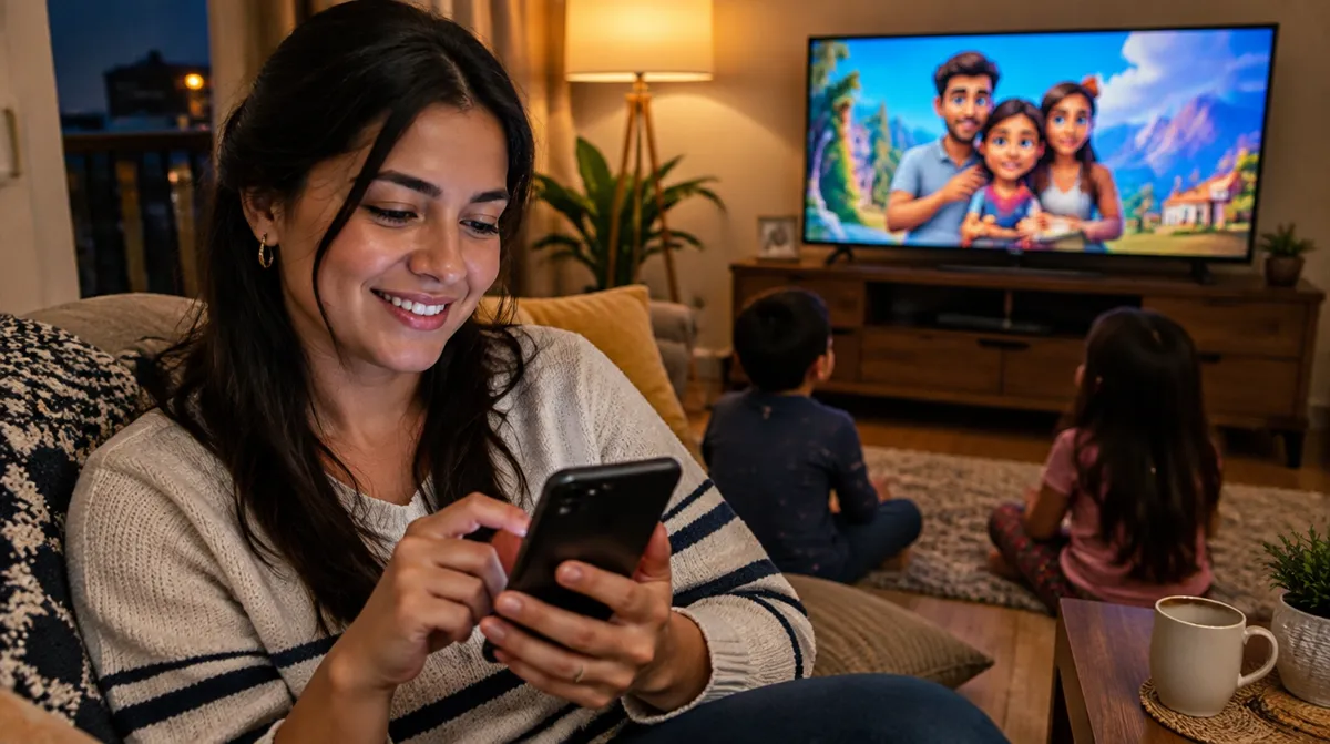 Mamá en Colombia vendiendo perfiles de Disney Plus desde su celular mientras sus hijos ven una película