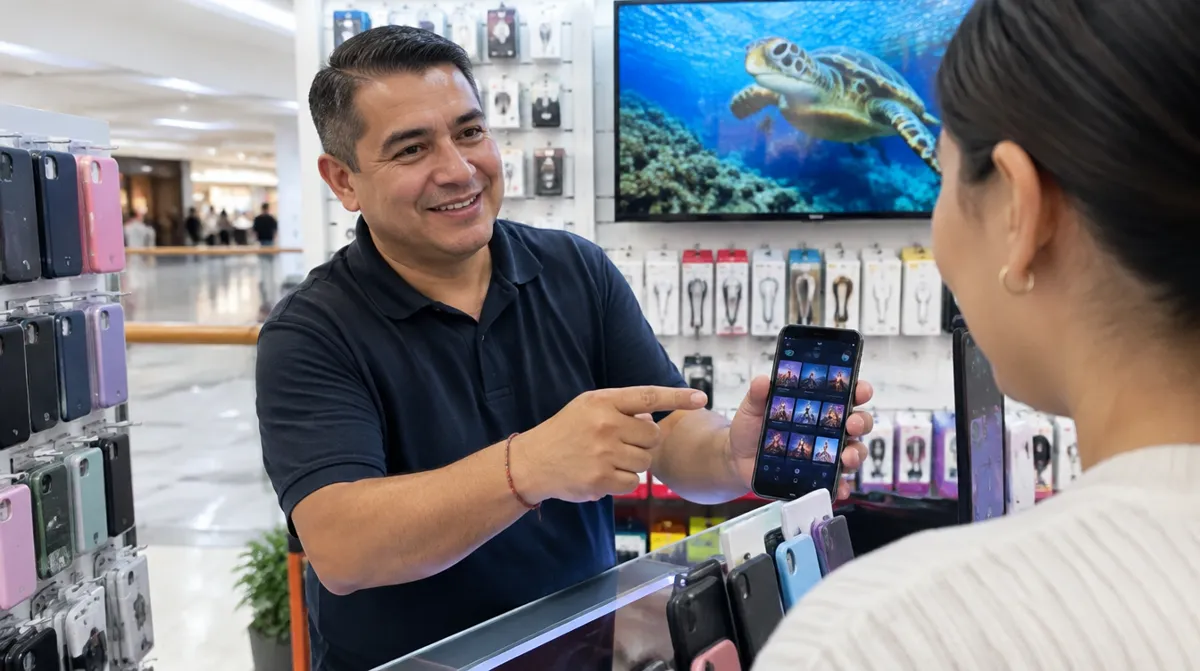 Vendedor en Colombia entregando una cuenta Plex a un cliente desde su celular